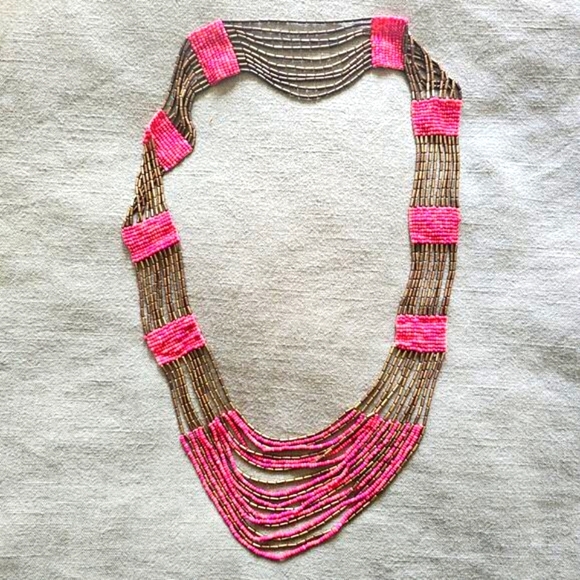 Beautiful Pink Gold Seed Bead Multi-Strand Necklace Bohemian Festival Summer - Picture 1 of 3